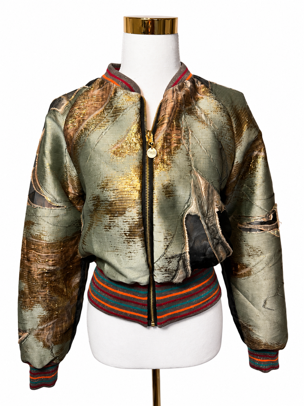 Medium Gold & Olive Green Brocade Bomber